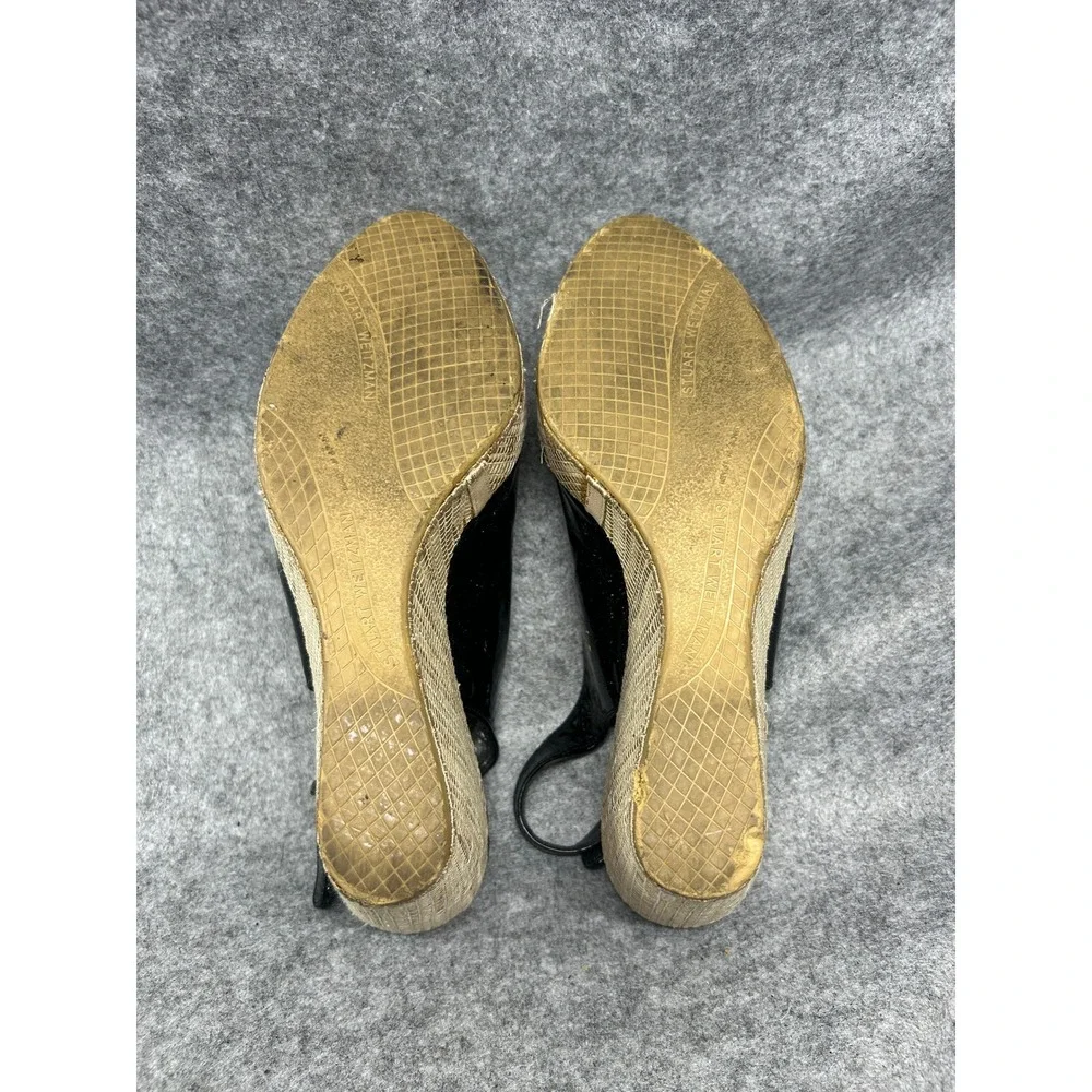 Stuart Weitzman Womens Slingback Wedge 8 Black Patent Leather Bamboo Detail